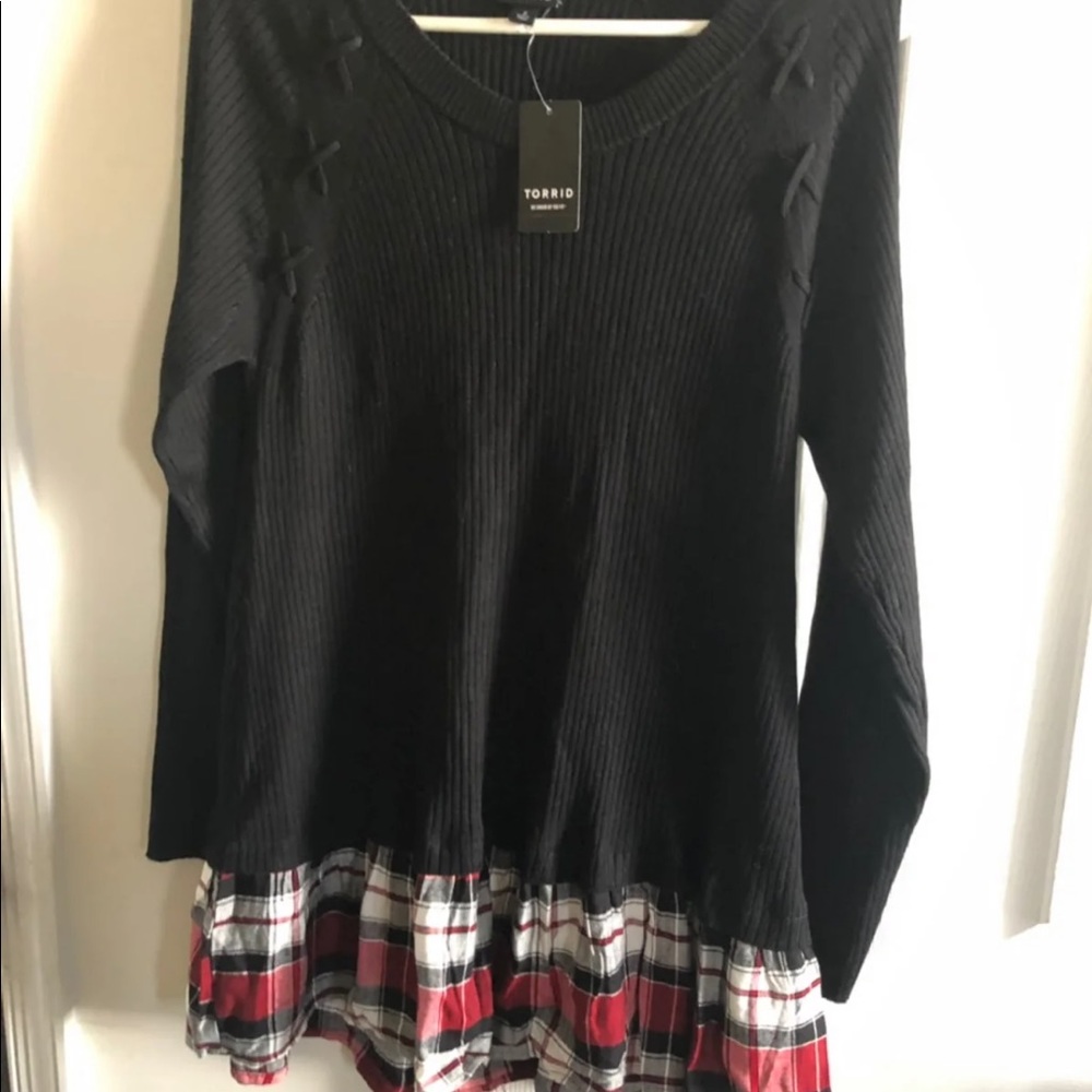 Torrid size 2 black sweater with plaid ruffle